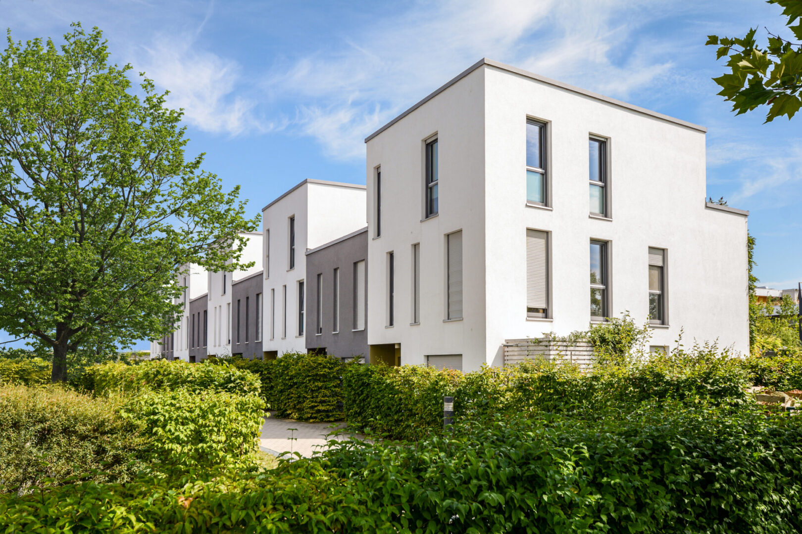 Modern white townhouses with green landscaping.
